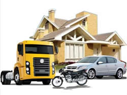 Ilustração contendo uma casa, um carro, um caminhão e uma moto
