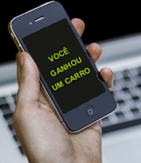 Celular com a seguinte mensagem na tela: você ganhou um carro